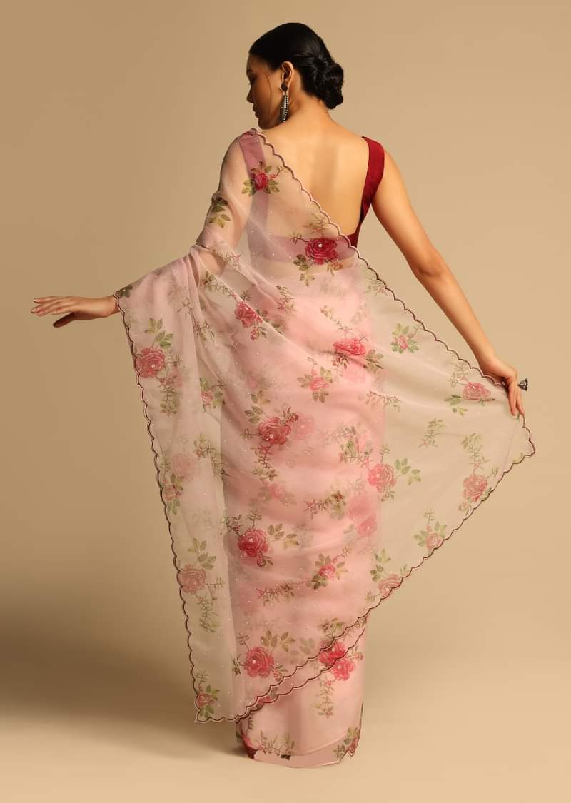 Baby Pink Saree In Organza With Floral Print All Over And Scalloped Resham Border Along With Unstitched Blouse