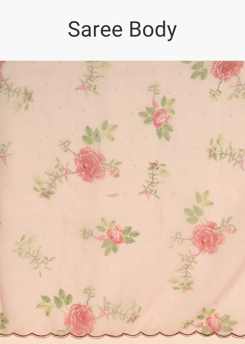 Baby Pink Saree In Organza With Floral Print All Over And Scalloped Resham Border Along With Unstitched Blouse