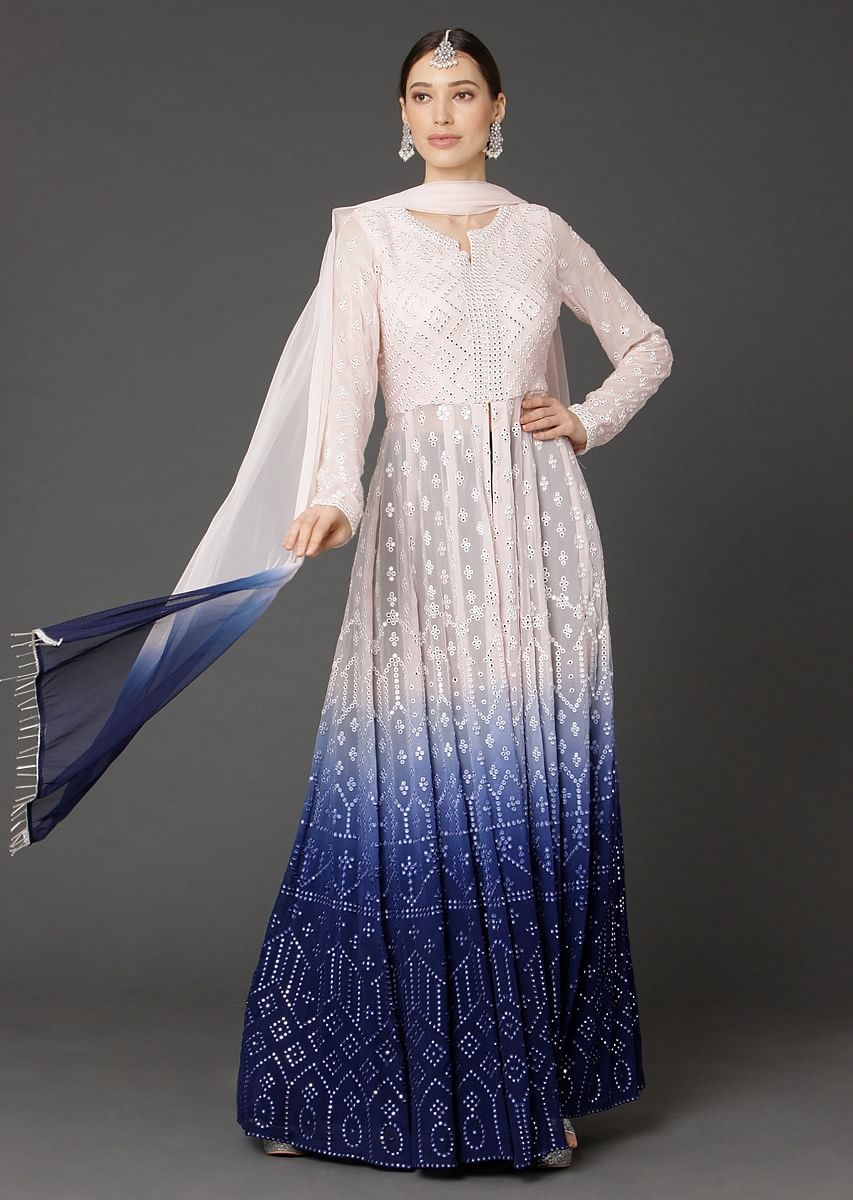 Buy Baby Pink And Navy Blue Shaded Anarkali With Resham And Mirror Work And Navy Blue Palazzo Pants Online Kalki Fashion