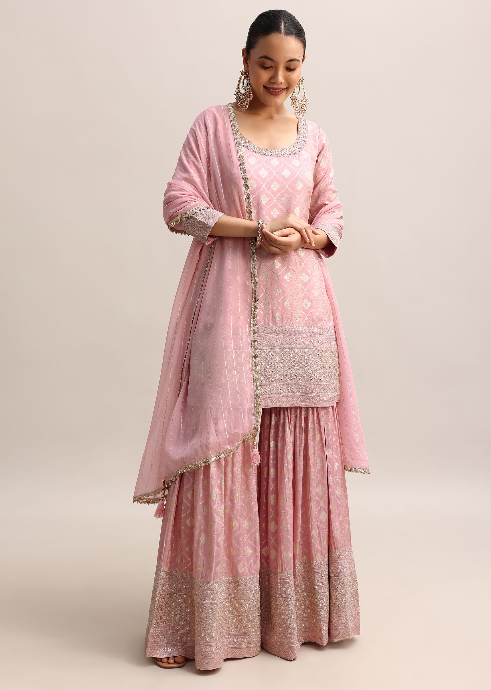 Buy Baby Pink Embroidered Banarasi Silk Kurta Sharara With Dupatta