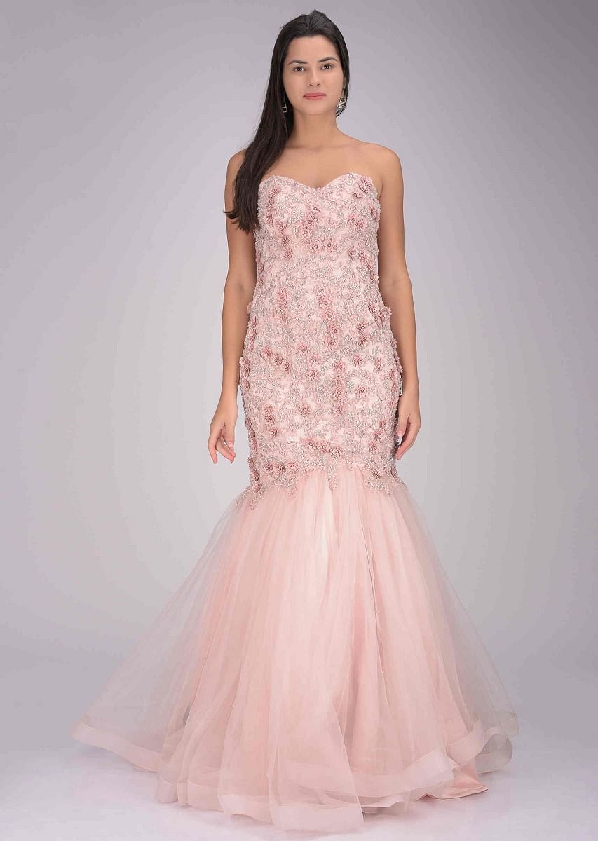 Baby pink embroidered net gown in mermaid cut only on KALKI Fashion Global