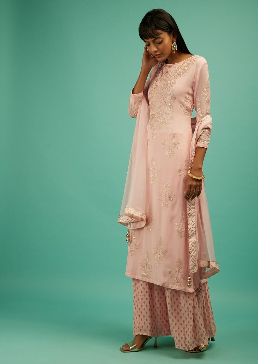 Buy Baby Pink Palazzo Suit In Georgette With Zari Embroidered Floral Motifs And Brocade Buttis On The Pants KALKI Fashion India