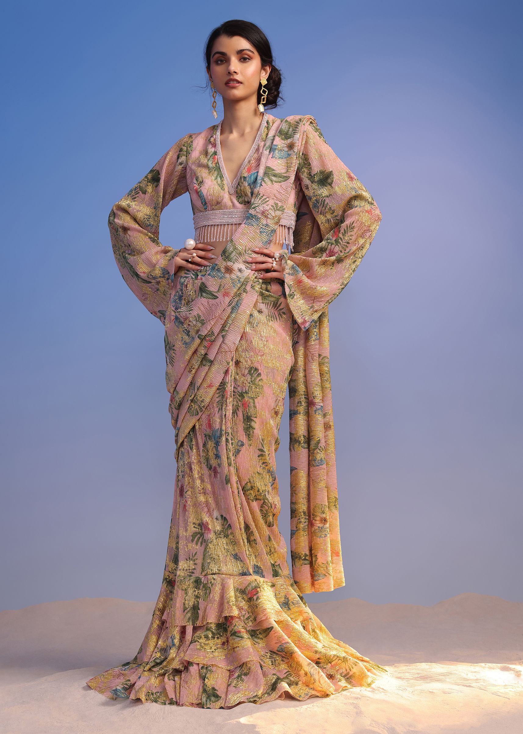 Buy Baby Pink Ready To Wear Tiered Ruffle Saree Online KALKI Fashion India