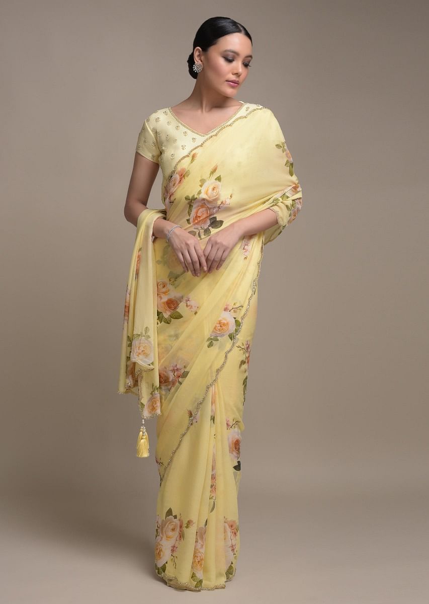 Buy Banana Yellow Saree In Georgette With Floral Print All Over KALKI Fashion Global