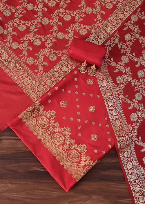 Buy Banarasi Beauty Silk Dress Material Suit Set in Stunning Red 