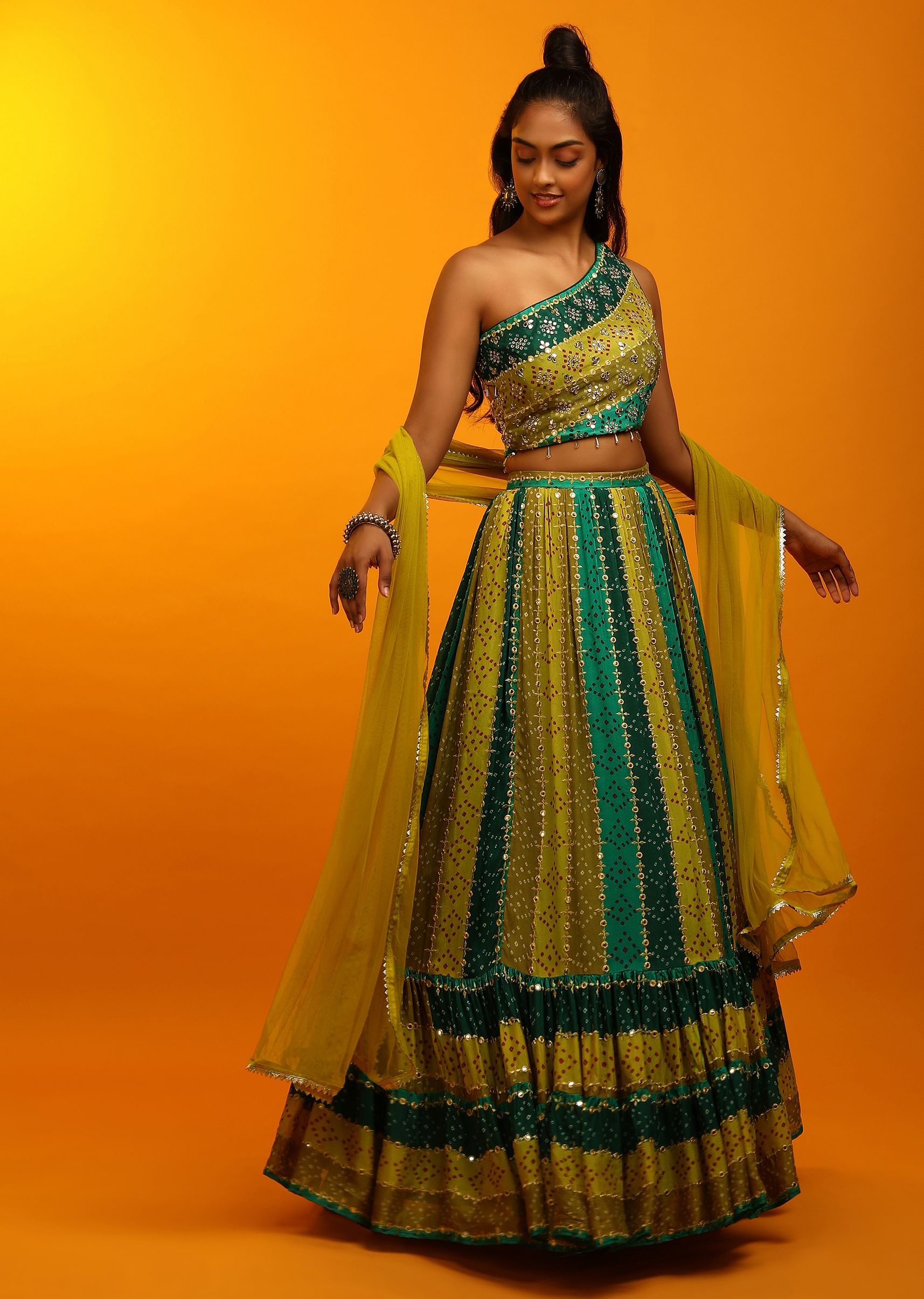 Bandhani mirror work lehengas 2025