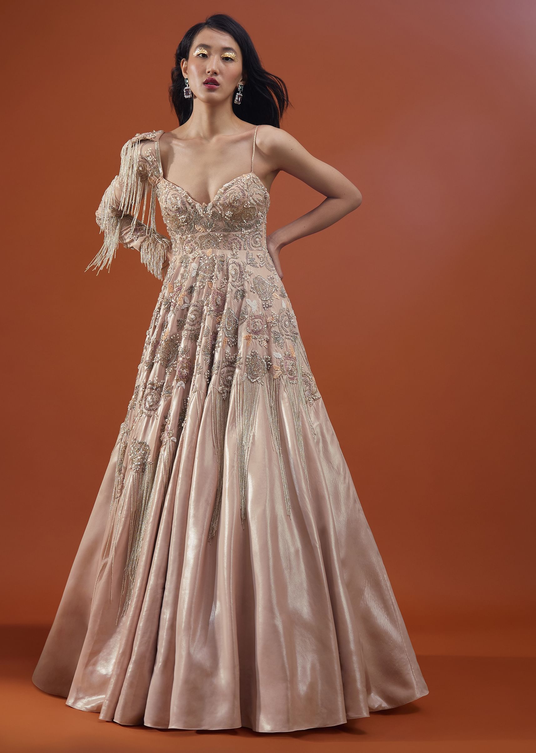 Buy Tan Brown Satin Blend Gown With Cut Dana and Embellished Sleeves Made of Sequins NOOR 2022 KALKI Fashion Global