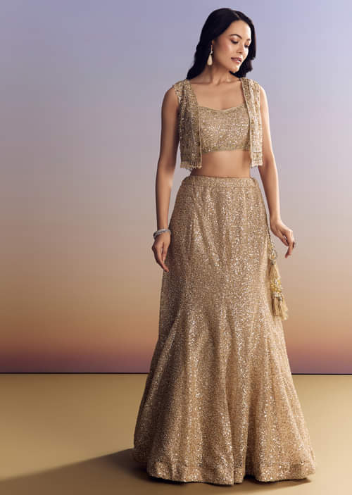 Beige Lehenga Set With Jacket And Cut Dana Embroidery Beige Lehenga Set With Jacket And Cut Dana Embroidery