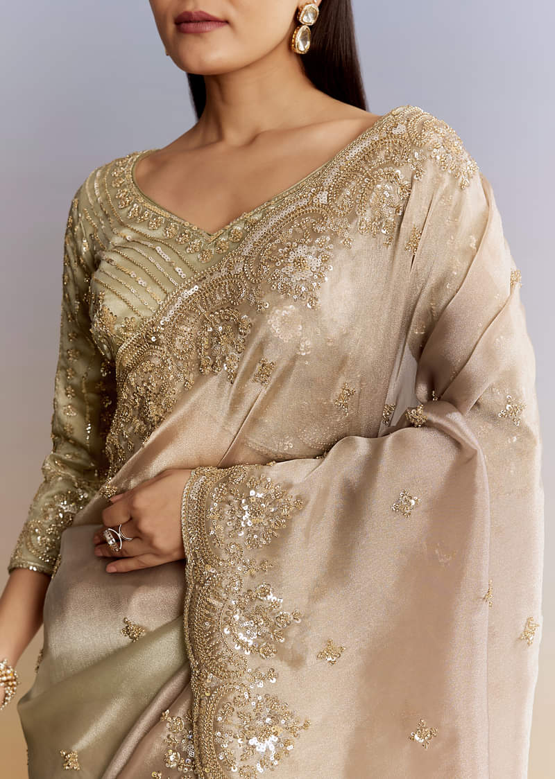 Beige Shaded Tissue Saree With Sequins Beads And Cutdana