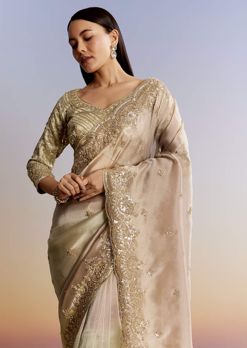 Beige Shaded Tissue Saree With Sequins Beads And Cutdana