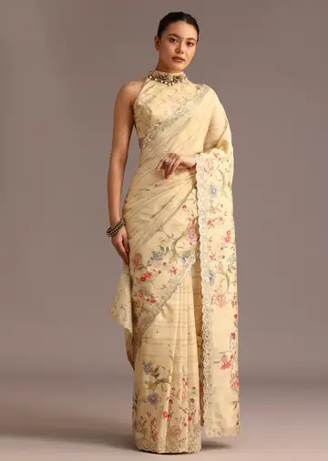 Beige Tussar Floral Printed Saree With Mirror Embellished Scallop Border