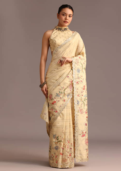 Beige Tussar Floral Printed Saree With Mirror Embellished Scallop Border