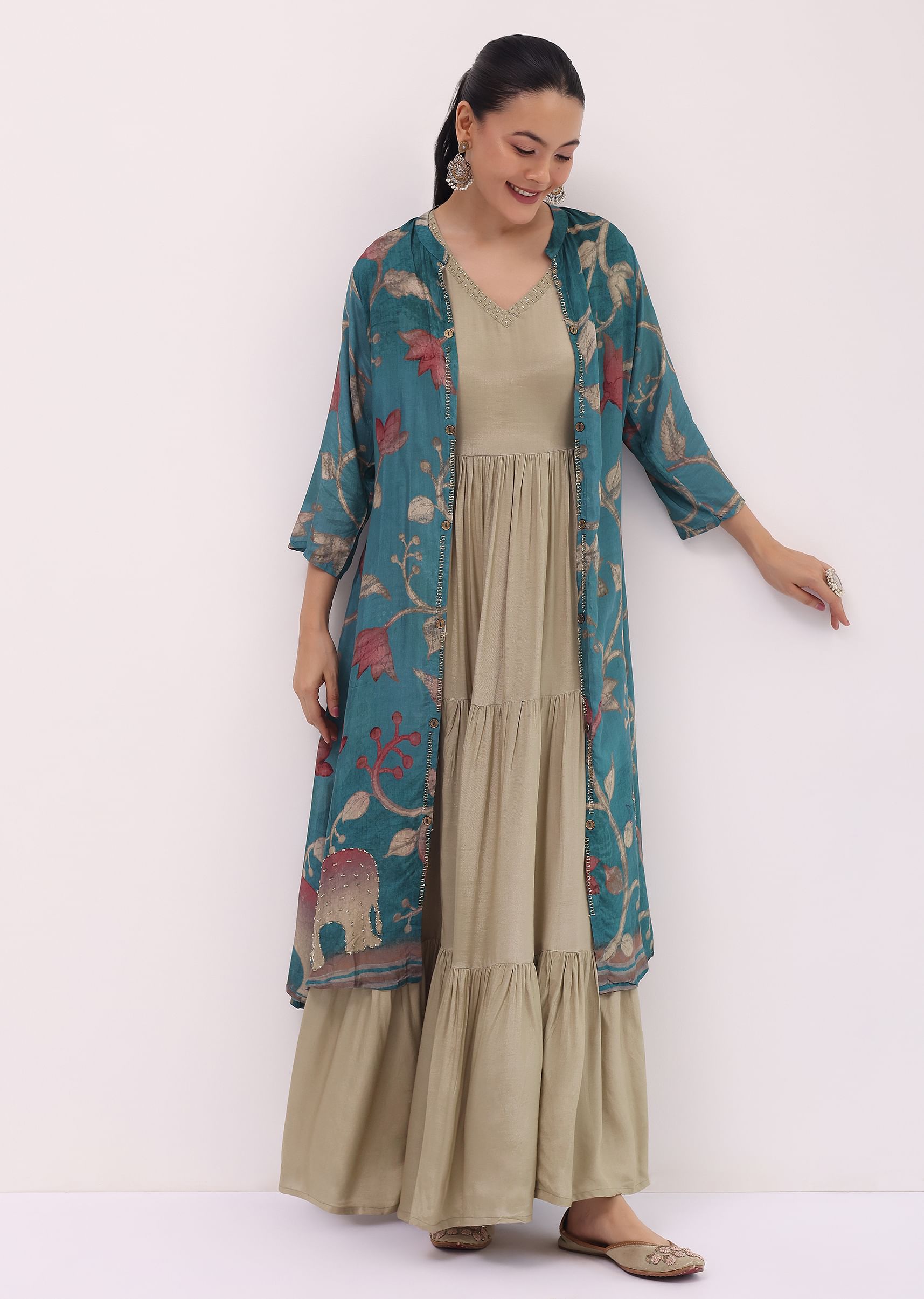 Buy Beige And Blue Printed Cotton Gown And Jacket