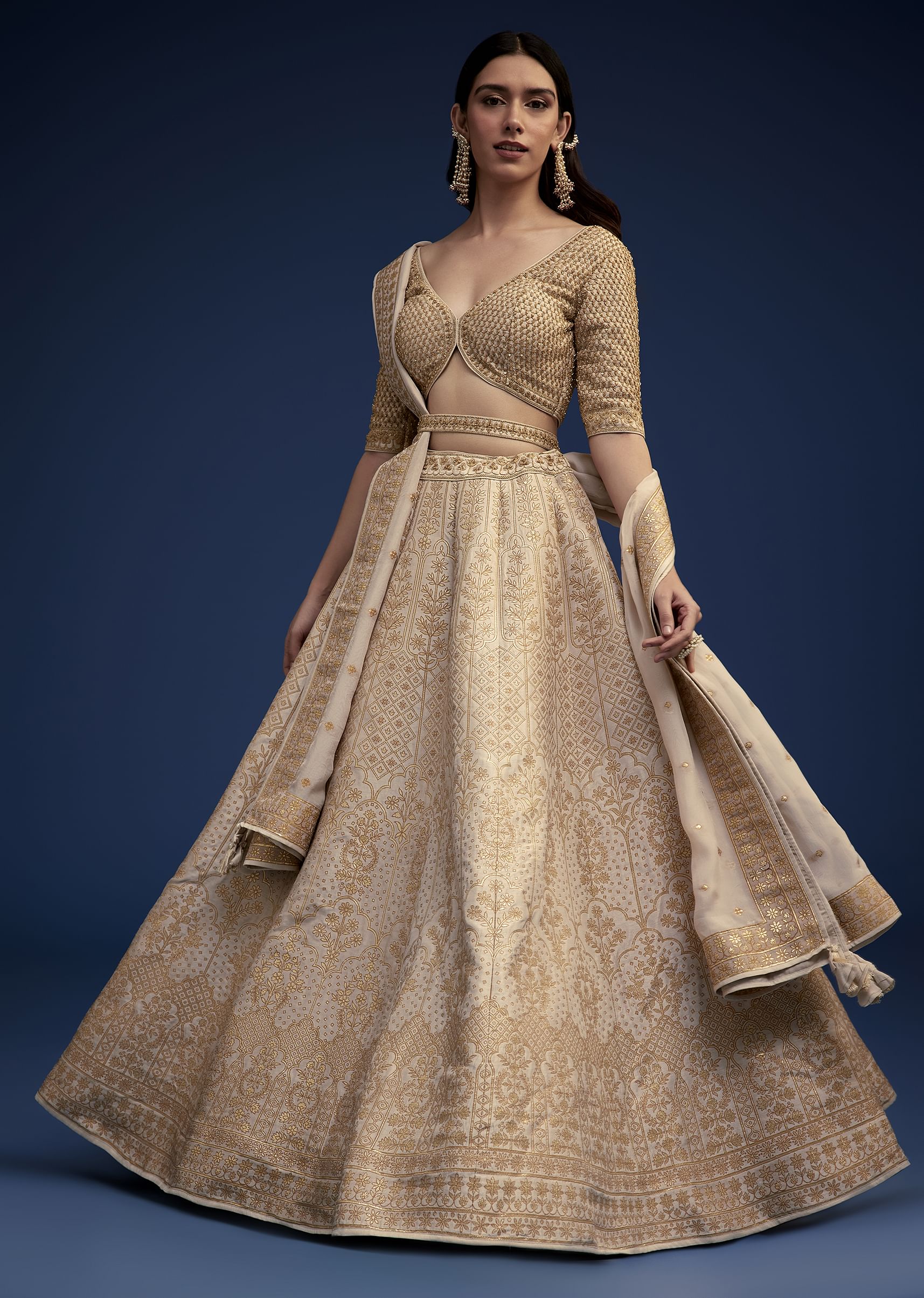 Buy Beige Brocade Lehenga Set And Belt
