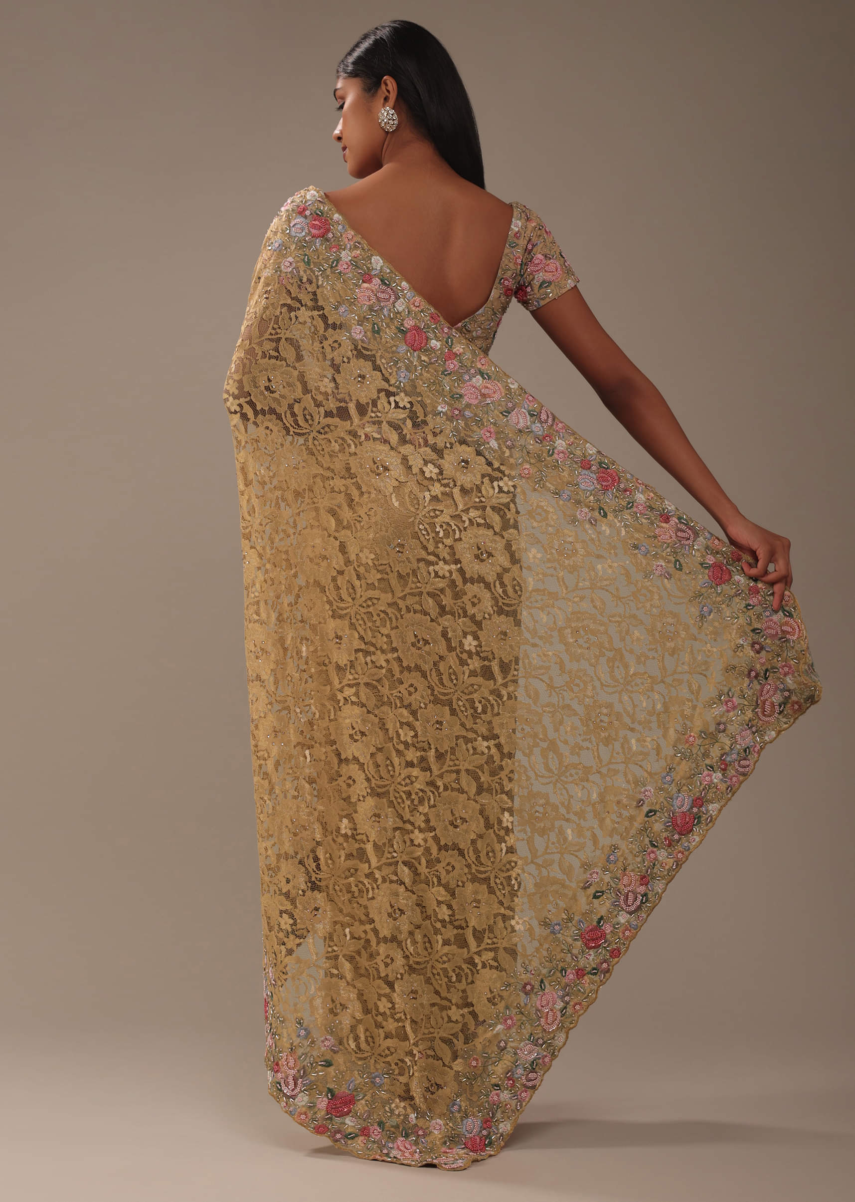 Buy Beige Brown Lace Fabricated Saree With 3D Embroidery