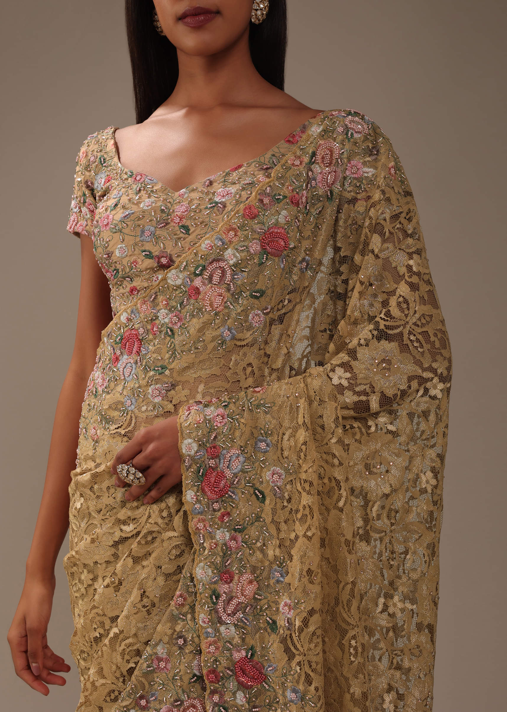 Buy Beige Brown Lace Fabricated Saree With 3D Embroidery