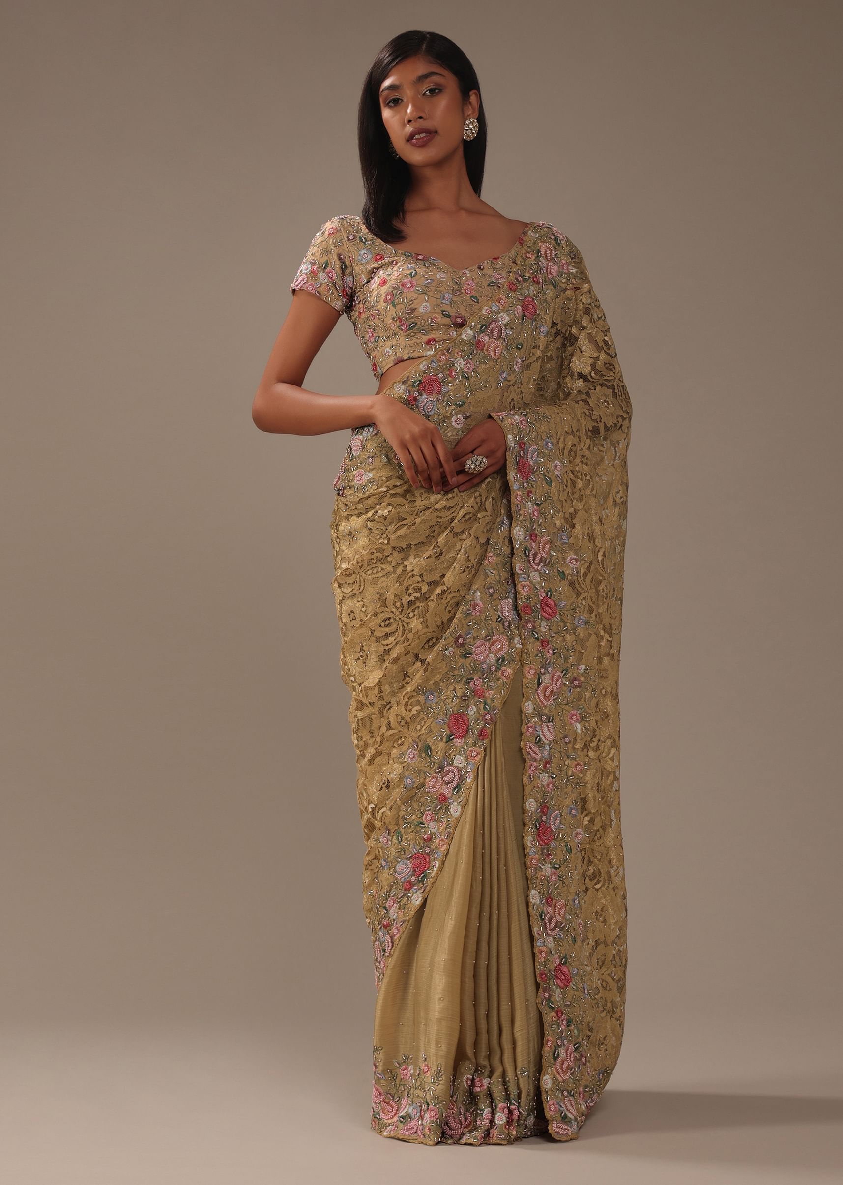 Buy Beige Brown Lace Fabricated Saree With 3D Embroidery