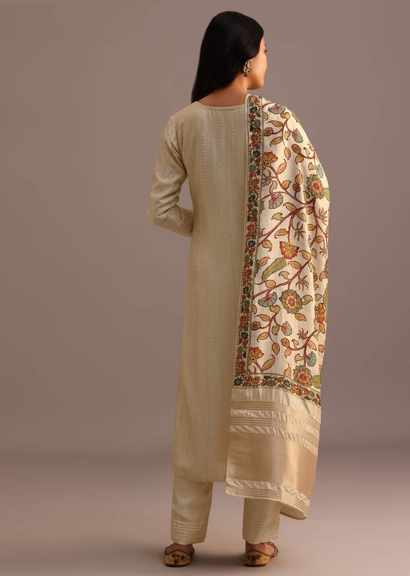 Beige Embroidered Kurti Pant Set With Kalamkari Printed Chanderi Dupatta