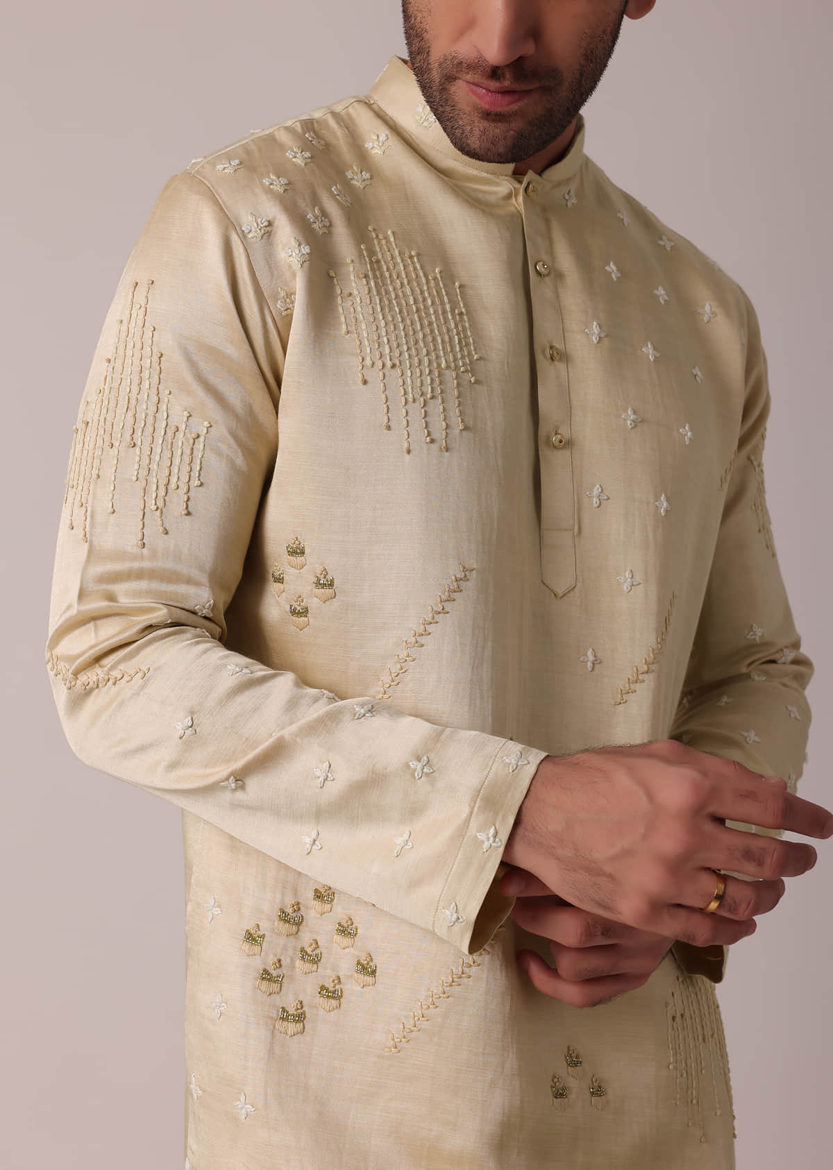 Buy Beige Festive Art Silk Kurta Set For Men KALKI Fashion Global