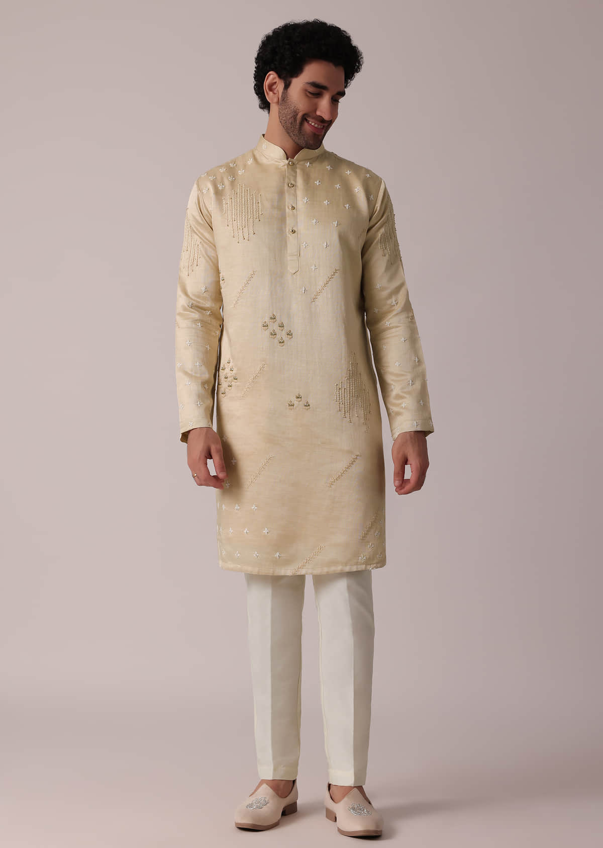Buy Beige Festive Art Silk Kurta Set For Men KALKI Fashion Global