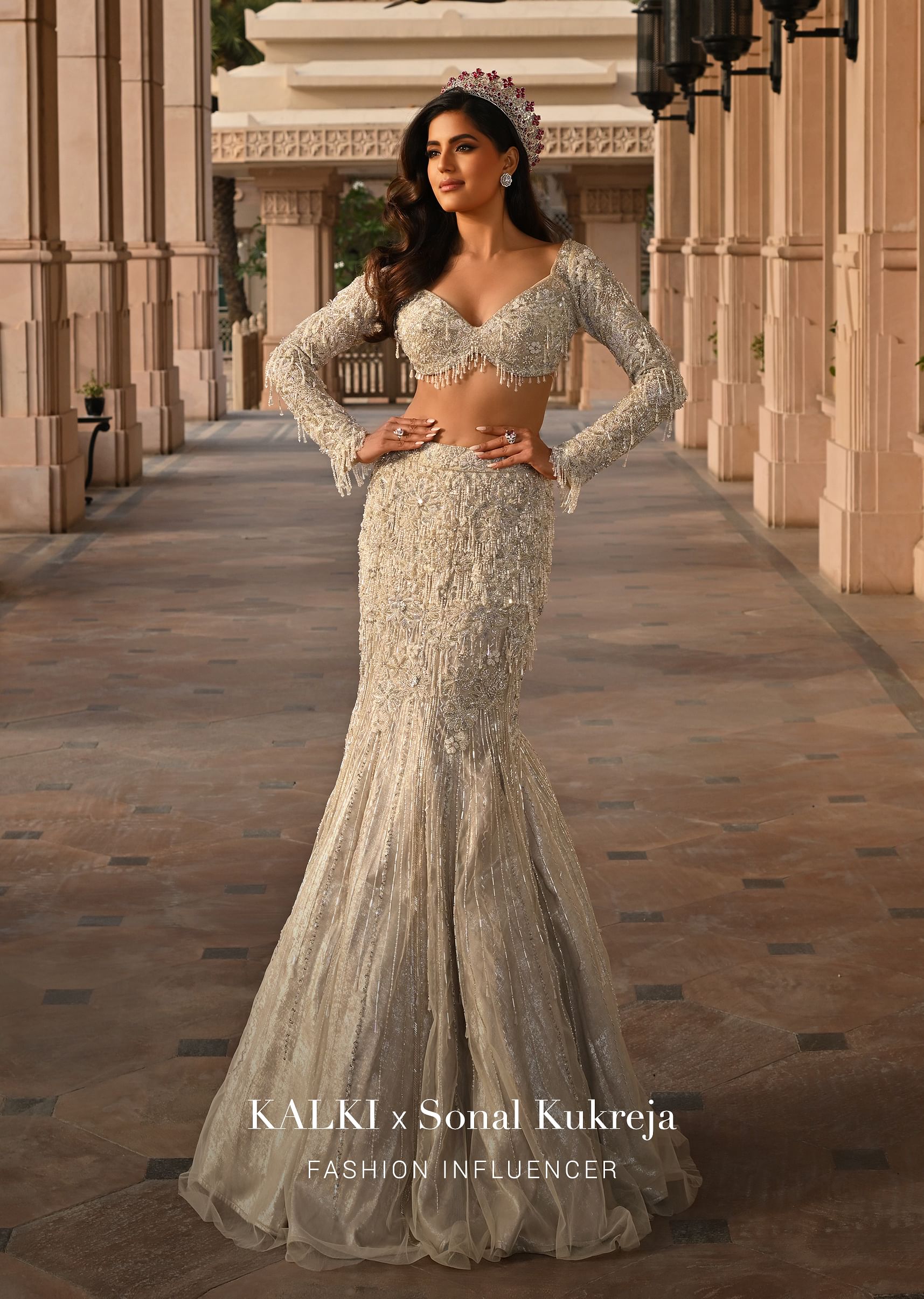 Buy Beige Fish Cut Lehenga And Blouse With Crystal Tassels
