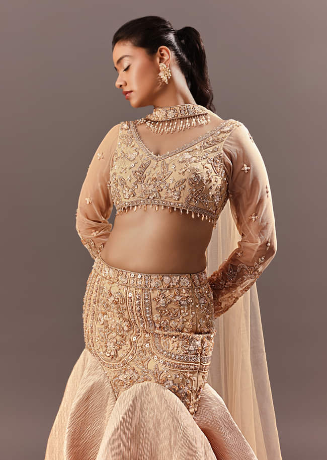 Beige Fish Cut Lehenga With Embroidered Yoke Blouse And Choker Dupatta