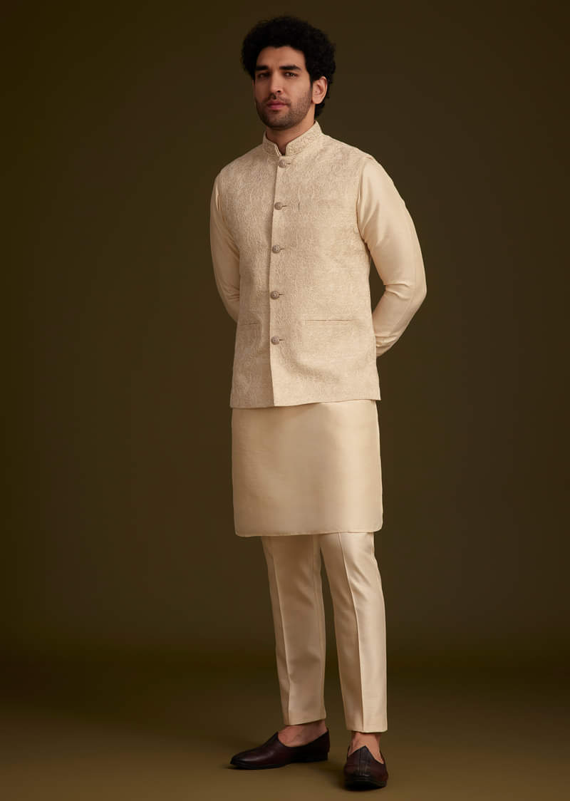 Buy Beige Jacquard Nehru Jacket Set
