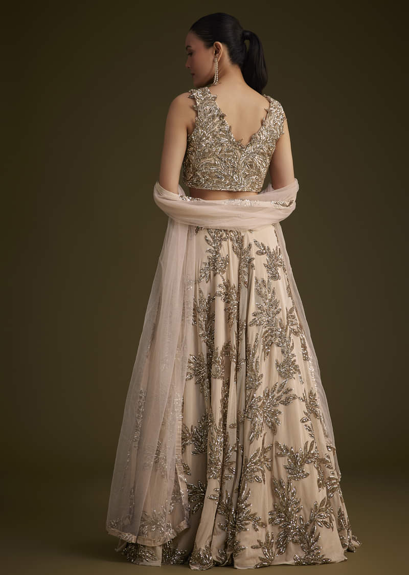 Beige Net Lehenga Set With Sequins Dupatta