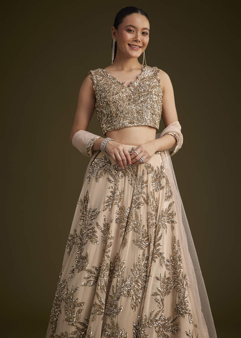 Beige Net Lehenga Set With Sequins Dupatta