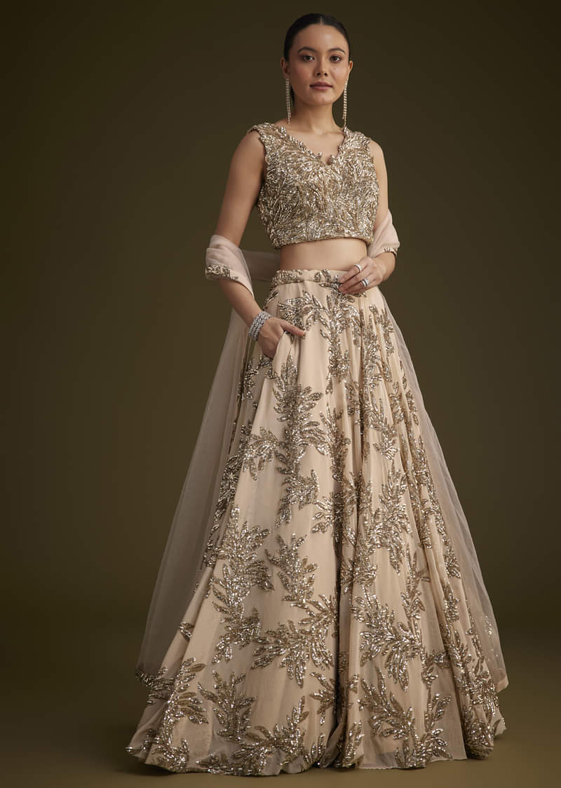 Beige Net Lehenga Set With Sequins Dupatta
