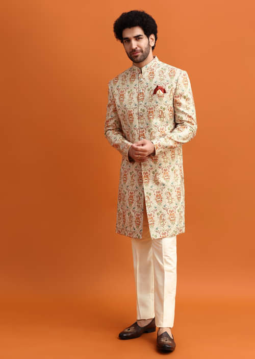 Printed Latest Sherwani For Mens Beige Muslin Slub Malaysian Silk Printed Sherwani Set