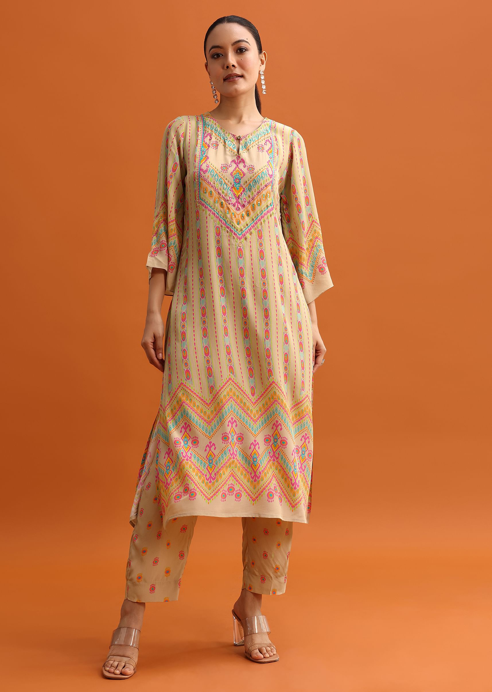 W beige printed kurta 2025
