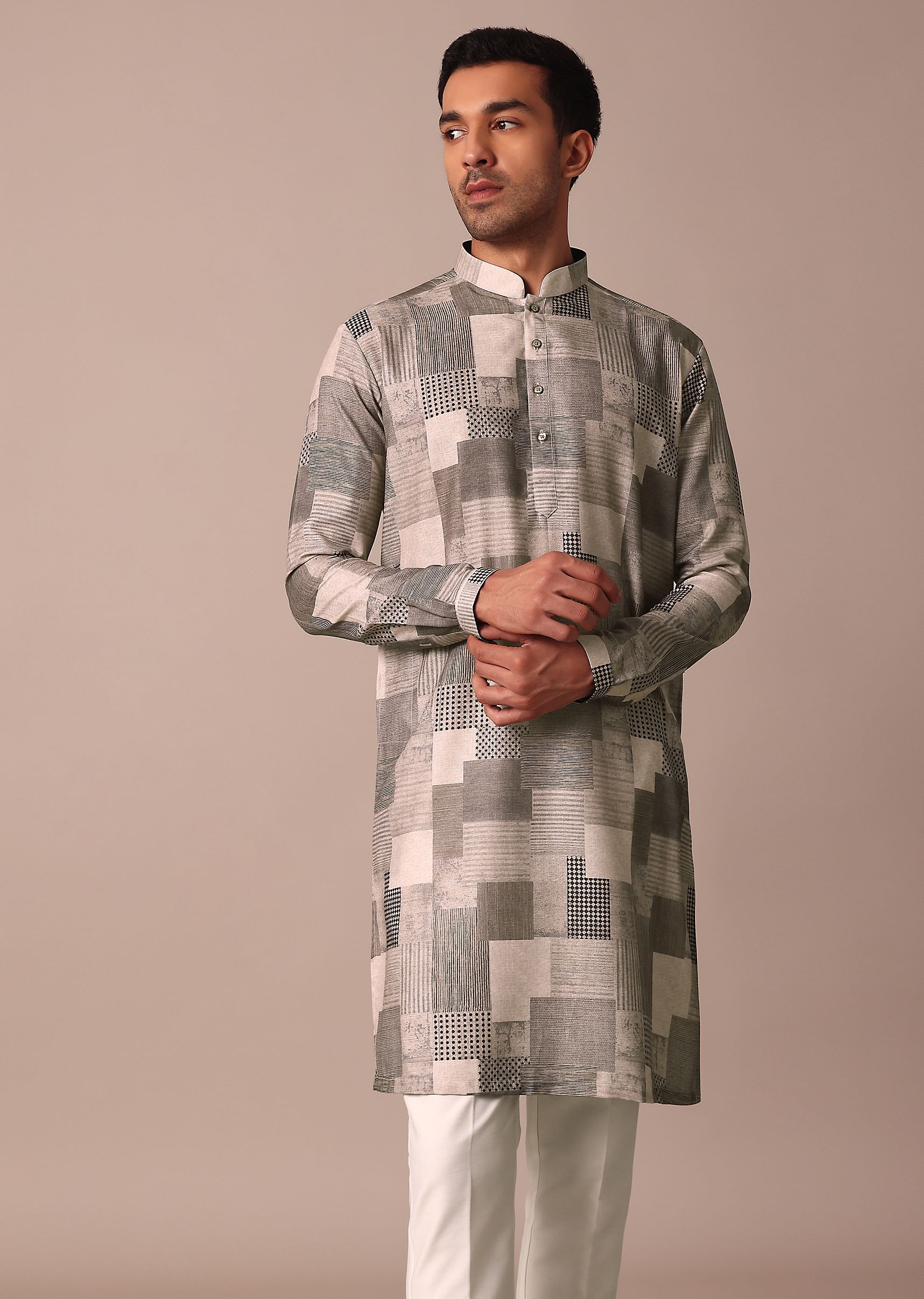 Buy Beige Printed Straight Kurta With Self Work KALKI Fashion India