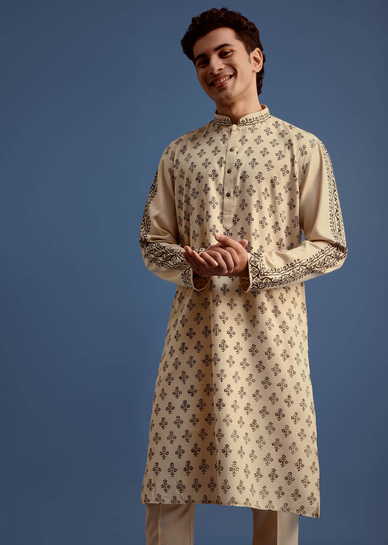Buy Beige Rayon Block Printed Kurta Set