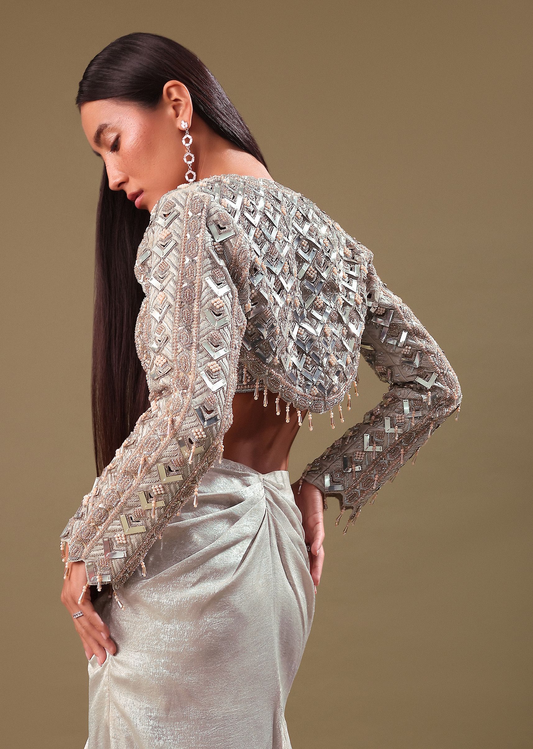 Buy Beige Hand Embroidered Blouse And Drape Skirt With Cape