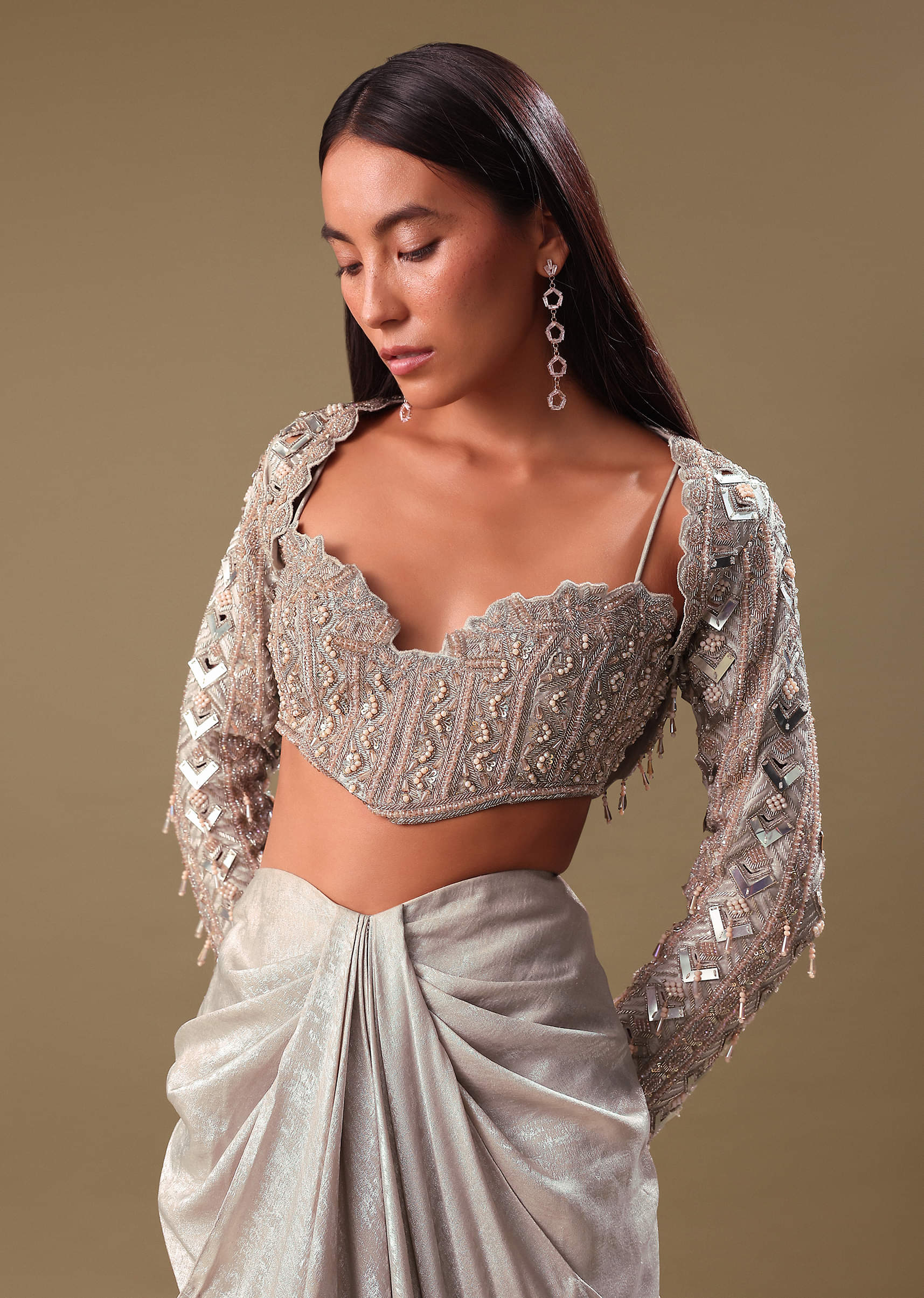 Buy Beige Hand Embroidered Blouse And Drape Skirt With Cape