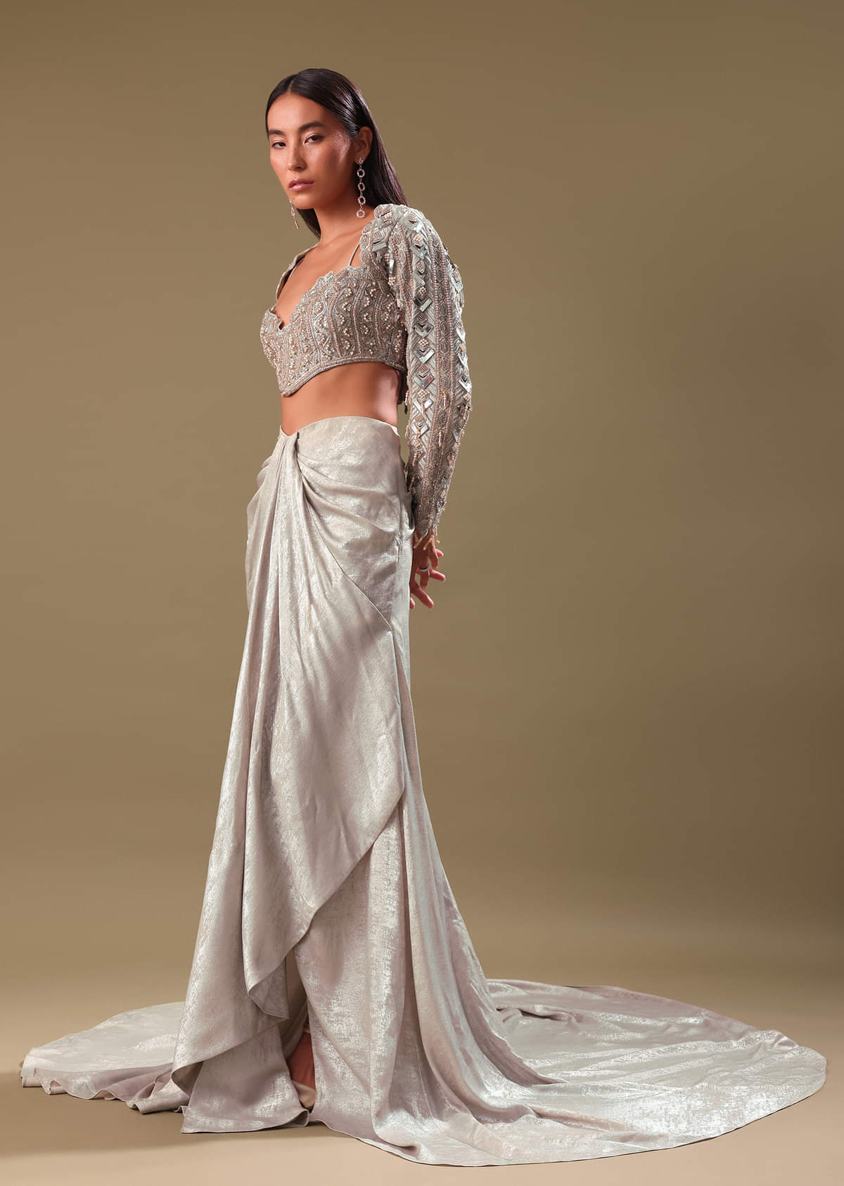 Beige Hand Embroidered Blouse And Drape Skirt With Cape