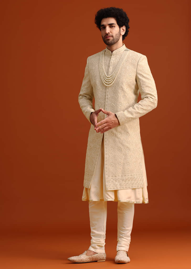 海外個人輸入 Sherwani Embroidered Silk Beige Buy And Dupatta With Set Kurta スーツ・フォーマル・ドレス