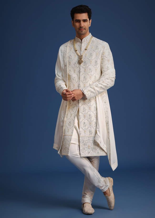 Beige Silk Sherwani Set With Mala And Dupatta