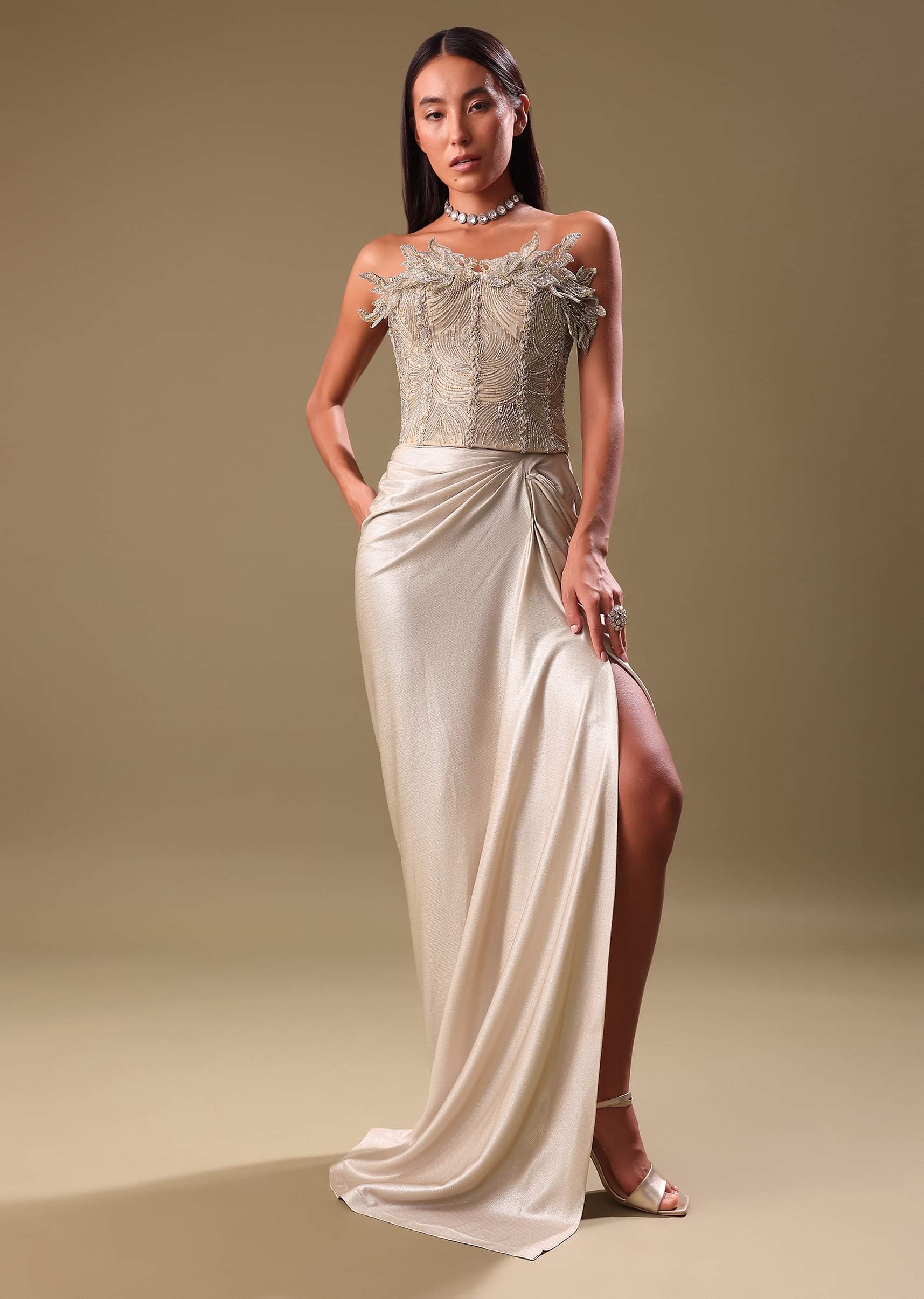 Buy Beige Silver Draped Skirt With Embroidered Blouse