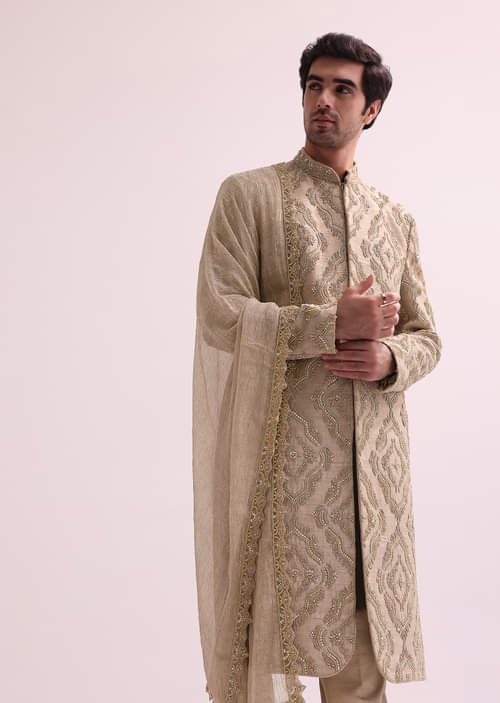 Buy Beige Straight Cut Double Layered Sherwani And Kurta Set In