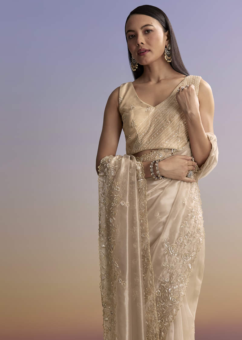 Beige Tissue Saree With Floral Embroidery And Beadwork