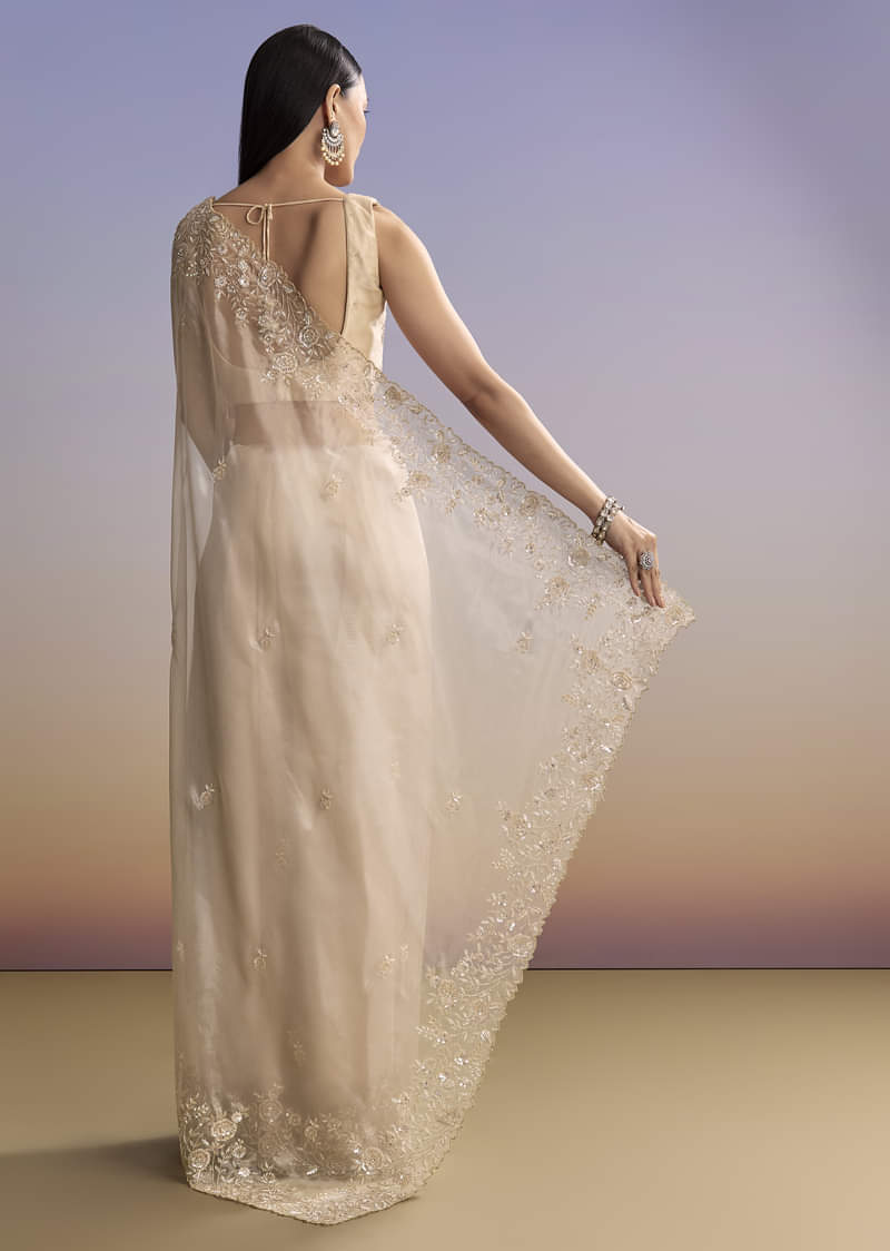 Beige Tissue Saree With Floral Embroidery And Beadwork