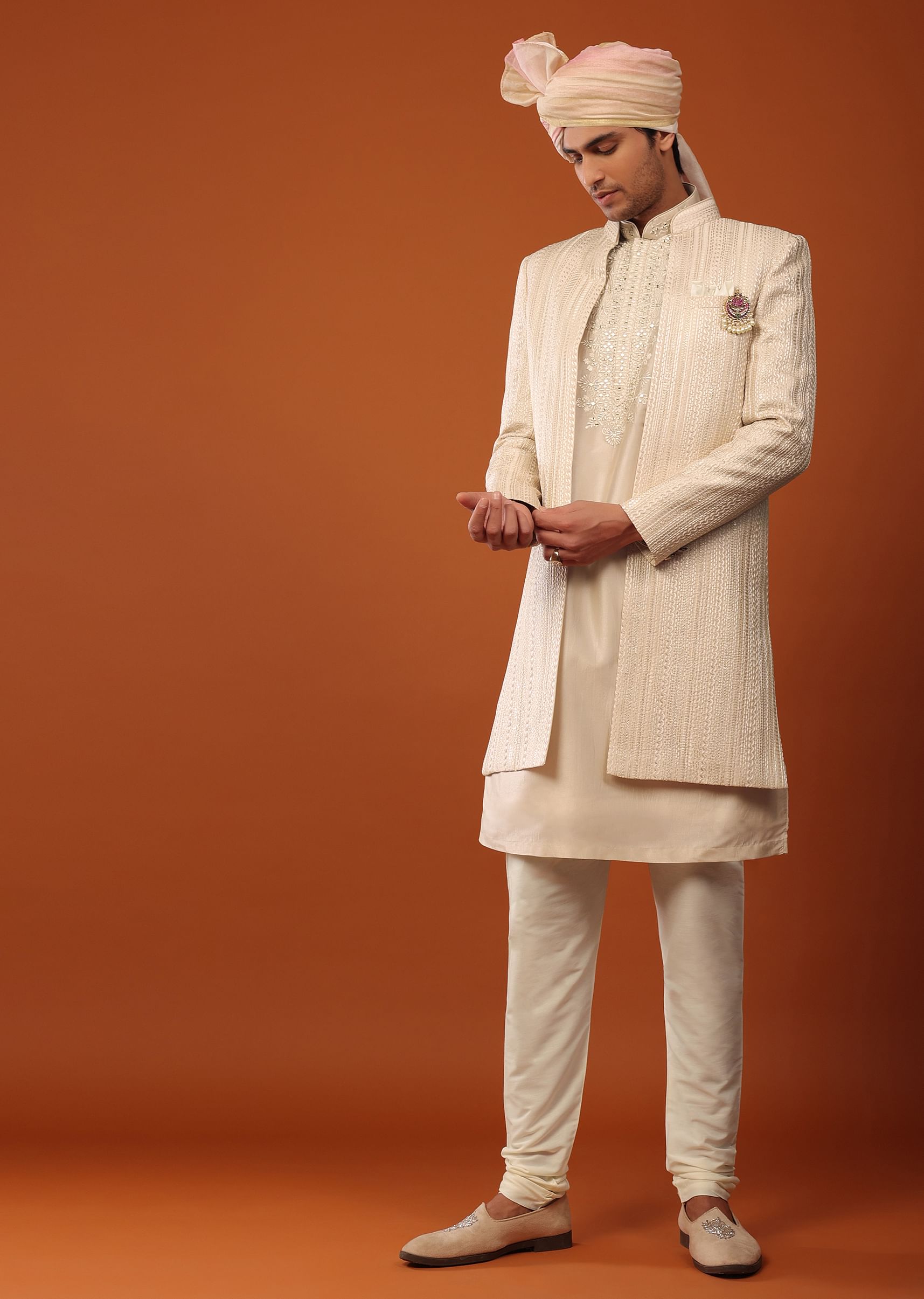 Buy Beige Sherwani With Resham And Mirror Work KALKI Fashion India