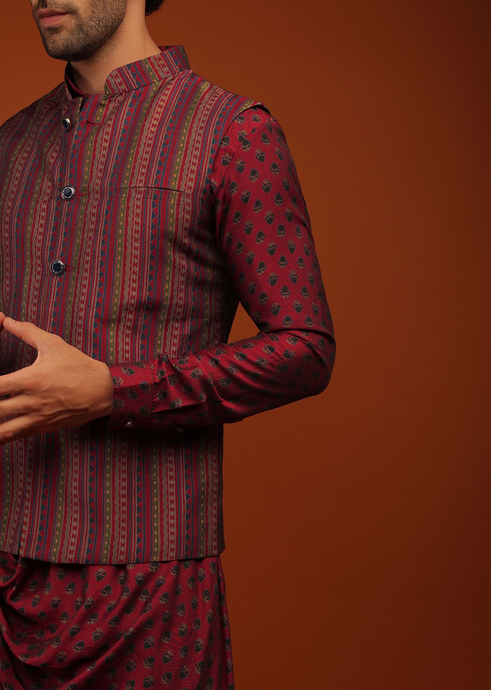Buy Biking Red Nehru Jacket And Kurta Set In Stripes Hand Block Print.The Matching Kurta In Floral Motifs Print In The Full Sleeves KALKI Fashion India