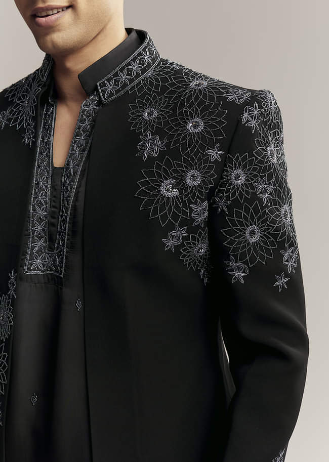 Black Imported Satin Organza Indo Western For Men With Zardosi Embroidery