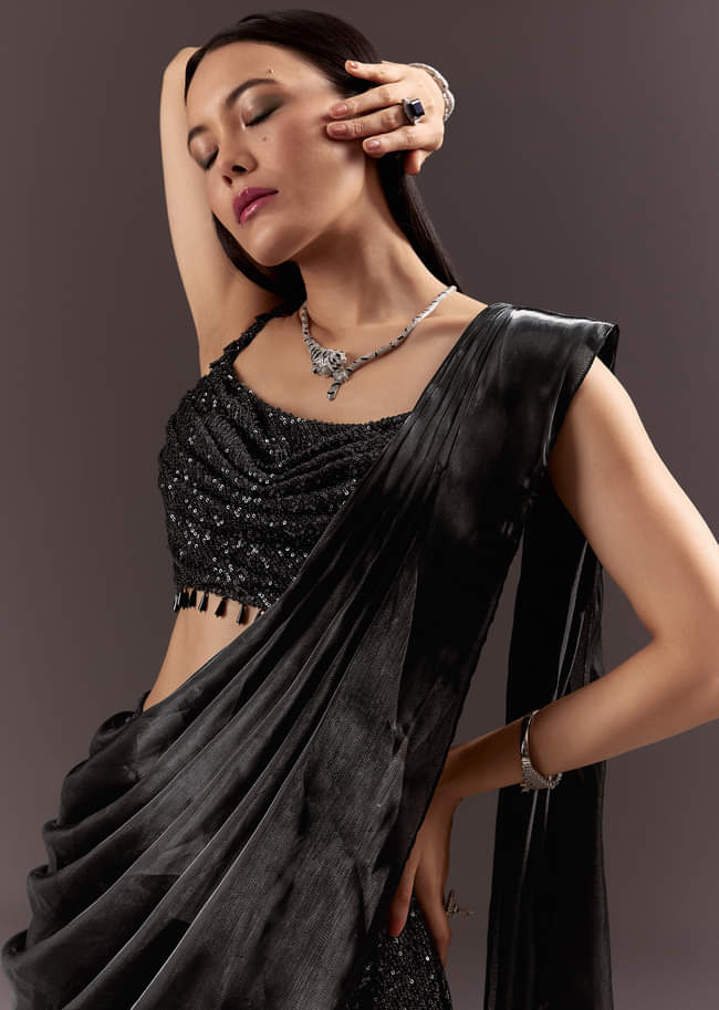 Black Indowestern Sharara Suit With Cowl Blouse With Attached Pallu Attached