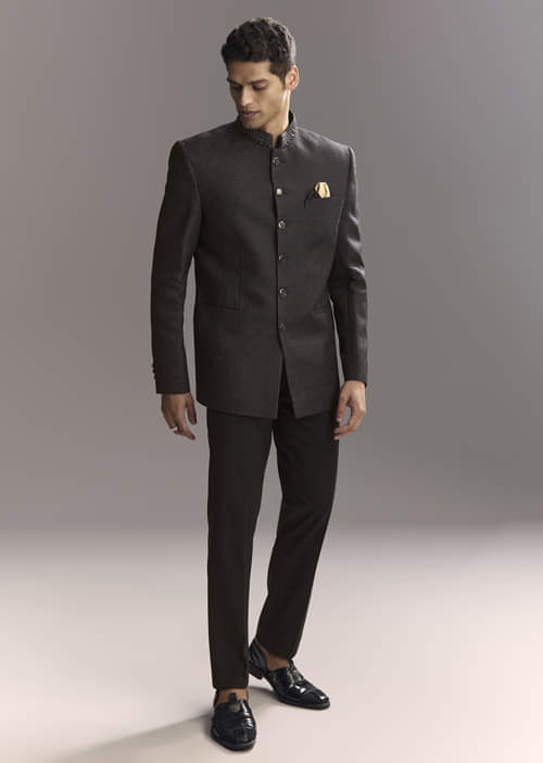 Black Jacquard Jodhpuri Suit For Men With Subtle Paisley Motifs Black Jacquard Jodhpuri Suit For Men With Subtle Paisley Motifs