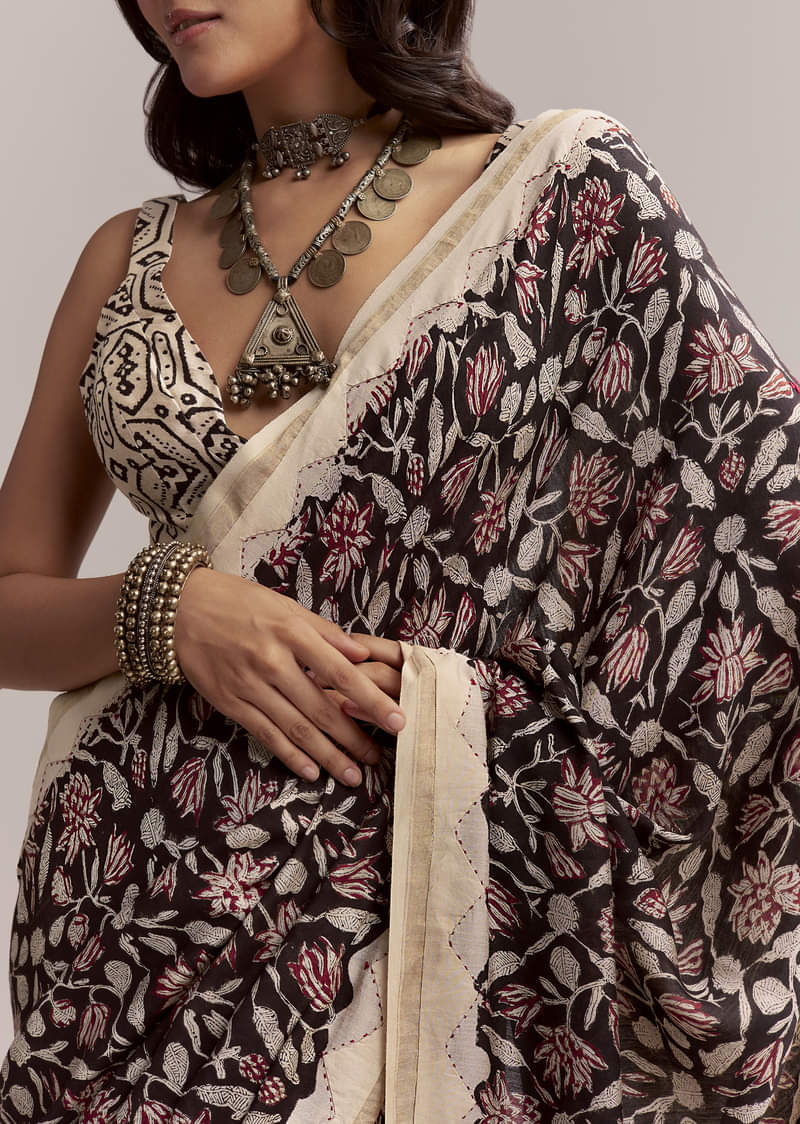 Black Linen Printed Saree With Heritage Floral Ajrakh Print