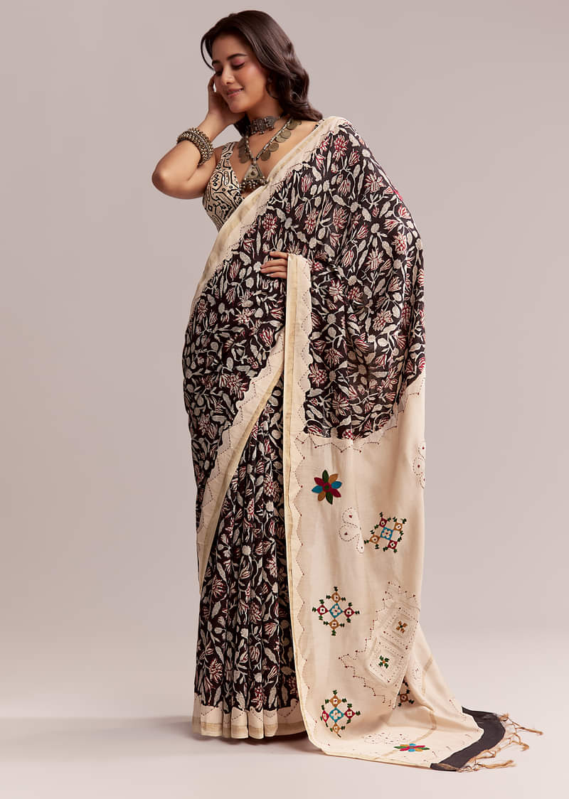 Black Linen Printed Saree With Heritage Floral Ajrakh Print